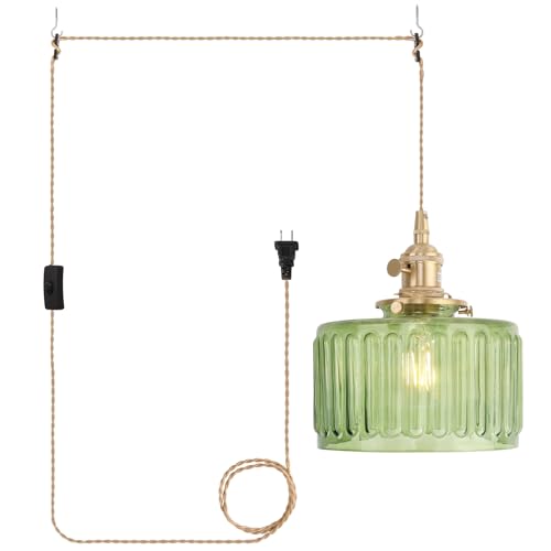 Image of Shenmoyl Plug in Pendant Light Hanging Light Fixtures with Plugin Cord On /Off Switch,Green Striped Glass Lampshade Brass Pendant Light