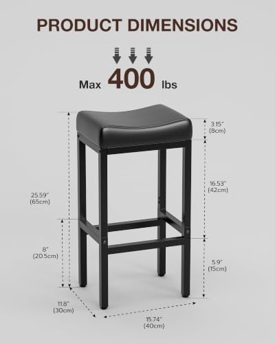 Image of Bar Stools Set of 2-24 Inch Counter Height Chairs for Kitchen Island, Leather Seat with 400 LBS Heavy-Duty Metal Frame and Adjustable Feet, Easy to Assemble for Bar, Cafe or Dining Room,Black