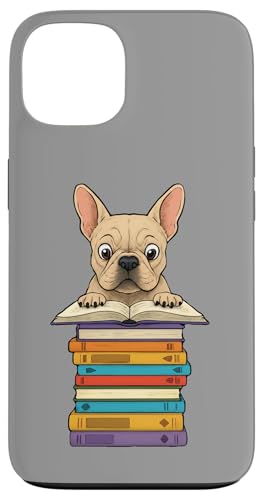 Simpatico Bulldog francese che legge sul mucchio di libri divertente Custodia per iPhone 13