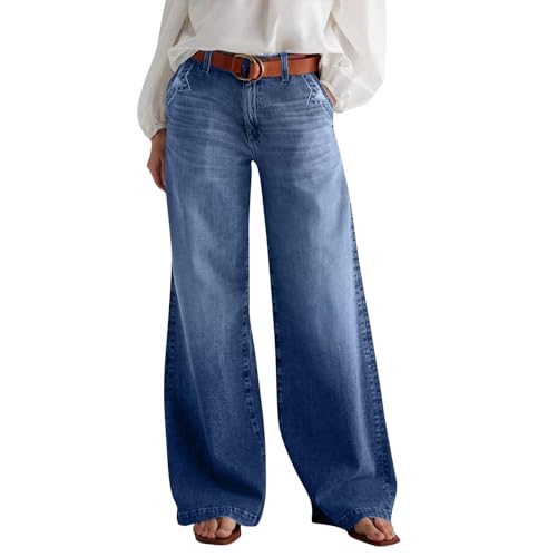 Straight Leg Jeans for Women High Waisted Stretchy Frayed Raw Hem Loose Denim Pants Casual Baggy Bootcut Trousers