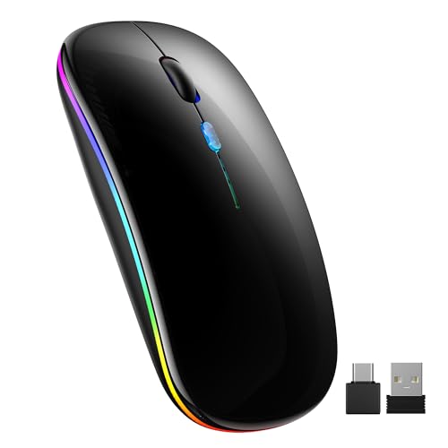 TECKNET Souris sans Fil Bluetooth 5.1, Rechargeable Souris avec Récepteur USB 2,4 GHz, 1600 DPI, Rétroéclairée de 7 Couleurs, Silencieuse, Portable, pour...
