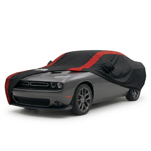 Image of Challenger Car Cover Waterproof All Weather with Red Strip Design, Custom Fit for Dodge Challenger 2008-2026 SXT GT R /T Scat Pack SRT Hellcat, Challenger Accessory with Door Zipper & Windproof Straps