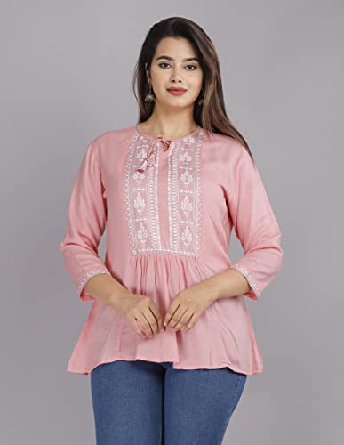 Image of Shiva Fab Short Kurti for Women | Embroidered Straight Rayon Kurta | Round Neck Full Sleeves Short Kurti for Women's