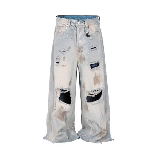 Men’s Wide Leg Ripped Patchwork Jeans, Vintage Denim, Loose Fit, Streetwear Hip Hop Style