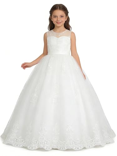 Flower Girl Dress for Wedding Lace First Communion Formal Dresses Kids Birthday Party Pageant Ball Gown(Size 12,05white)