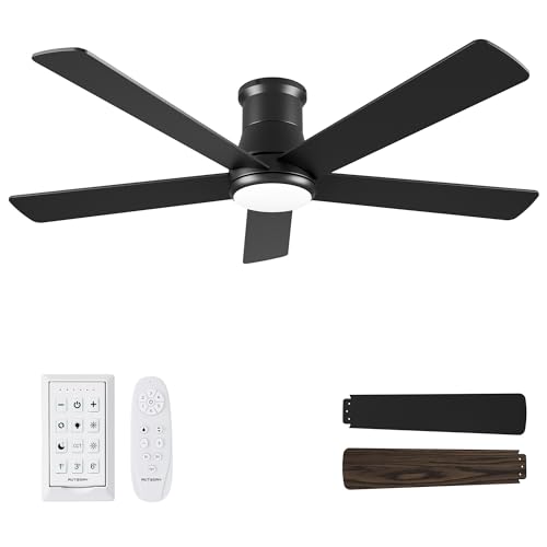 Autoday 52 Inch Low Profile Ceiling Fan with Light, Black Flush Mount Ceiling Fans with Lights and Remote, 6 Speeds Reversible Quiet DC, 3CCT Dimmable, Indoor Outdoor Ceiling Fans for Patios Bedroom