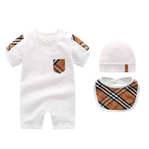 AIBABY Unisex Newborn Cotton Baby Boy Romper Bodysuit Jumpsuit Outfits Set One-Piece Baby Boy Clothes, White Plaid, 6-9 Months