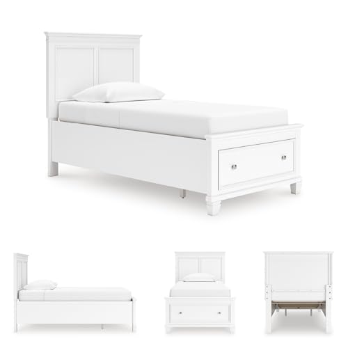 Image of Signature Design by Ashley Fortman Twin Panel Storage Bed, White | Wood and engineered wood, 1 extra deep footboard drawer, Includes roll slats, Traditional style, Youth bedroom furniture