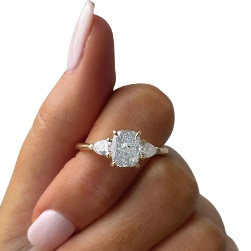 2 Ct Elongated Cushion Cut Diamond Delicate 3 Stone Solitaire Promise Ring Elegant Engagement Rings For Women 14K Yellow Gold Plated 925 Sterling Silver Handmade Proposal Ring Gift For Her