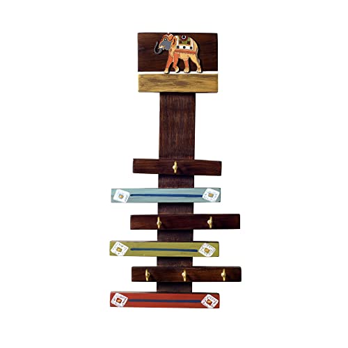 Image of AAKRITI ART CREATIONS Key Holder, Happy Elephants Stripped Key Hangers | Rustic Teak Wood Wall Organizer with 6 Hooks | New Home Gifts | Multifunctional Entryway Decor Item