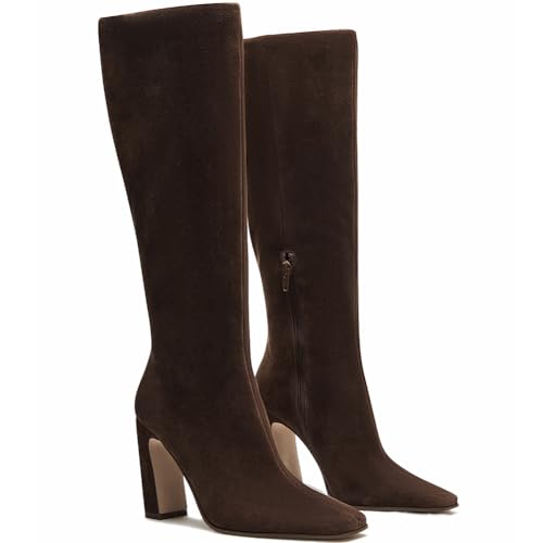 Image of Lovee Cosee Knee High Boots for Women Square Toe Chunky Heeled Boots with Side Zipper Fashion Dress Elastic Tall Boots