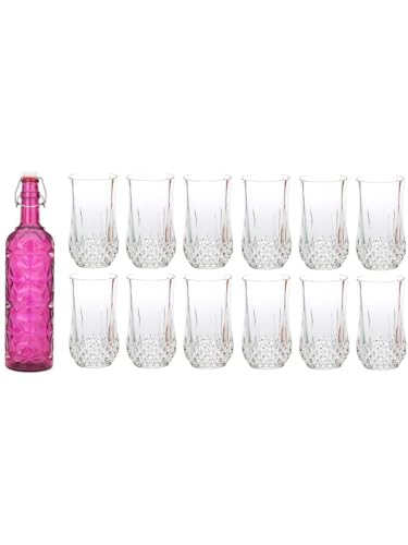 Somil Exquisite Beverage Glass Serving Set with Featuring Elegant Pink Bottle, 1000 ml Capacity, and 12 Individual 350 ML. Glasses