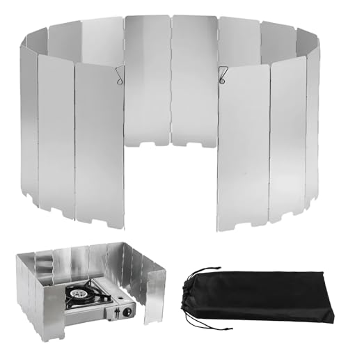 EXIN DEHCEN Windschutz für Gaskocher/Campingkocher mit 16 Lamellen, Leichter Faltbar Aluminium Windschutz, Camping Gaskocher Windschutz, mit Tragetasche, für Outdoor Grill, Öfen, Gaskochern