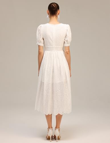 Embroidered Midi V Neck Puffed Sleeves Mesh Dress Button Front Scalloped Hem Cinched Waist Garden Party Dress3