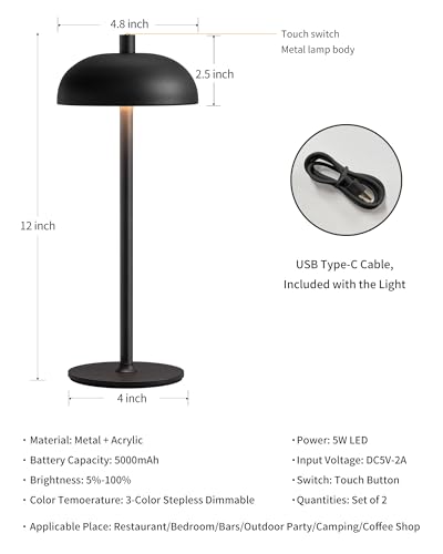 Newsee AMZ-TBL-024-BLACK Cordless Led Table Lamp Set Of 2, Modern Portable Desk Lamp, 3 Color Stepless Dimming Built-In Rechargeable Battery Lights, For Bedroom, Patio, Outdoor thumb #4