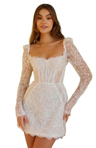 Short Wedding Dresses for Bride Lace Beach Long Sleeve Strapless Off Shoulder Mini Tight Bridal Dress for Bride