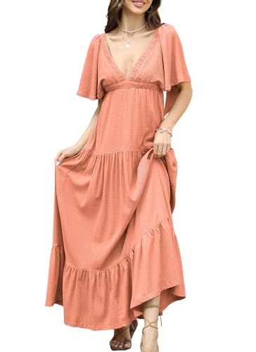 Image of Kikibell Women Summer Dresses Sexy V-Neck Maxi Dress Tiered Silhouette with Flutter Sleeve Backless Elastic Waist Flowy Dress