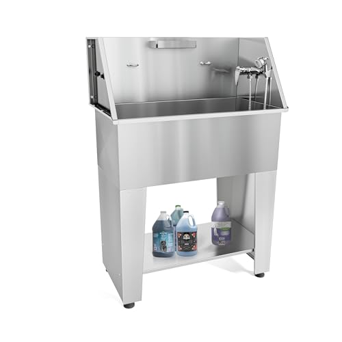 Burano 38' Stainless Steel Dog Grooming Tub &ndash; Professional Dog Bathing Station w/Shampoo Racks,...