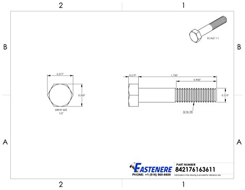 Image of 5 /16-18 x 1-3 /4 inch Hex Head Cap Screw Bolts, External Hex Drive, Stainless Steel 304, Partially Threaded, Stainless Steel, Quantity 25