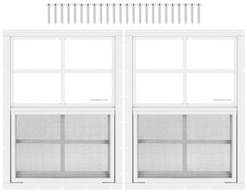 2 Pack Shed Window 18' W x 23' H, White Flush Mount Window with Tempered Glass and Removable Screen for Playhouses, Sheds, Garage and Chicken Coops