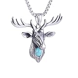 Men'S And Women'S Gothic Punk Hip Hop Rock Viking Horde Christmas Animal Deer Pendant Necklace With Turquoise, 316L Stainless Steel, Silver Stainless Steel Square Pearl Chain, Retro Jewelry