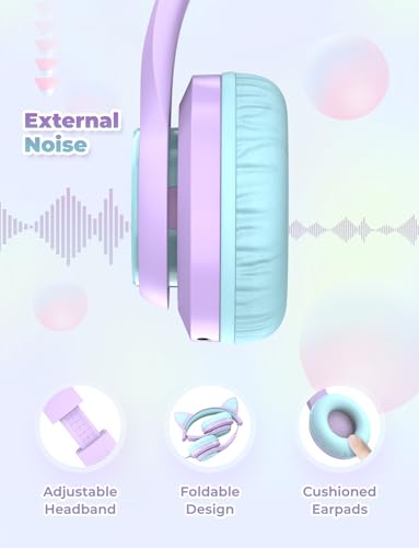 Image of iClever Kids Headphones for Girls Gift Over Ear Headphones, Wired Cat Ear Led Light Up Children Headphone, 85dB Volume Limited Foldable Earphones for Kids School, Travel, Music