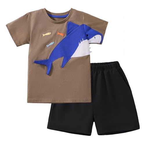 Image of HILEELANG Toddler Boy Summer Short Clothes Sets Cotton Crewneck Tees Shorts Pocket Adjustable Knite Shorts Playwear Sets
