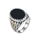 HIJONES Hombres Mujer Acero Inoxidable Anillo de Boda con Gema de Ágata Negra Banda Gruesa Grabada con Tulipán Plata Talla 27