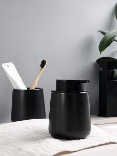 Image of Bosilunlife Soap and Toothbrush Holder Set - Ceramic Bathroom Accessories Set Black Foaming Hand Soap Dispenser Set Bathroom Counter Toothbrush Holder and Soap Dispenser Set