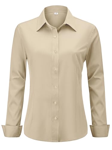 hearain Cream Beige Blouse for Women Button Up Down Collar Blouses Long Sleeve Fitted Dress Shirts Tops Women's Collared Ladies Khaki Size S