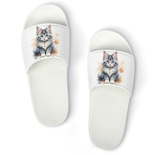 Watercolor Gray Blue And White Cat Funny House Sandals Non Slip Shower Slippers Quick Drying Bathroom Shoes for Women Men