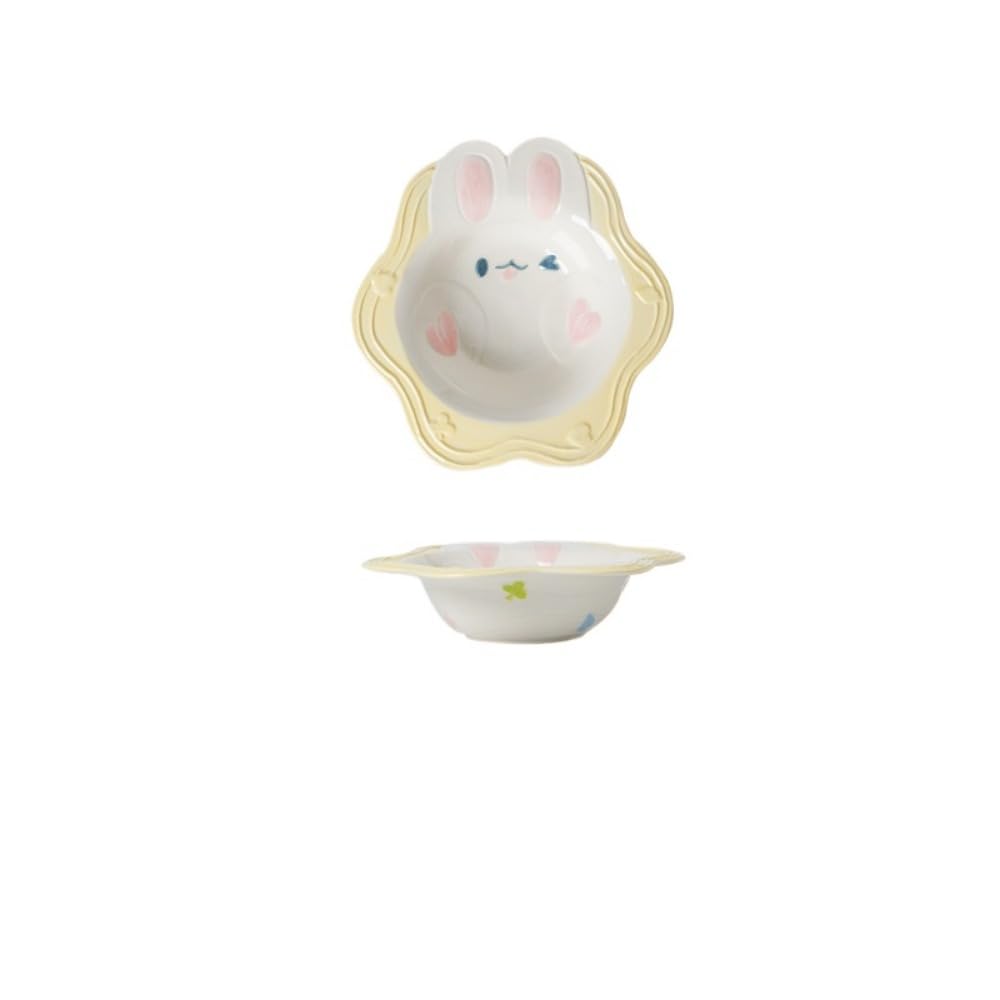 Ceramic Underglaze Tableware Plates and Bowls with Cartoon Patterns Rice Salad Cute Dinner Household Snack Breakfast Dessert Bird's Nest Fruit Ice Cream Soups Pasta Spoons(8-Inch Bowl,Yellow Rabbit)