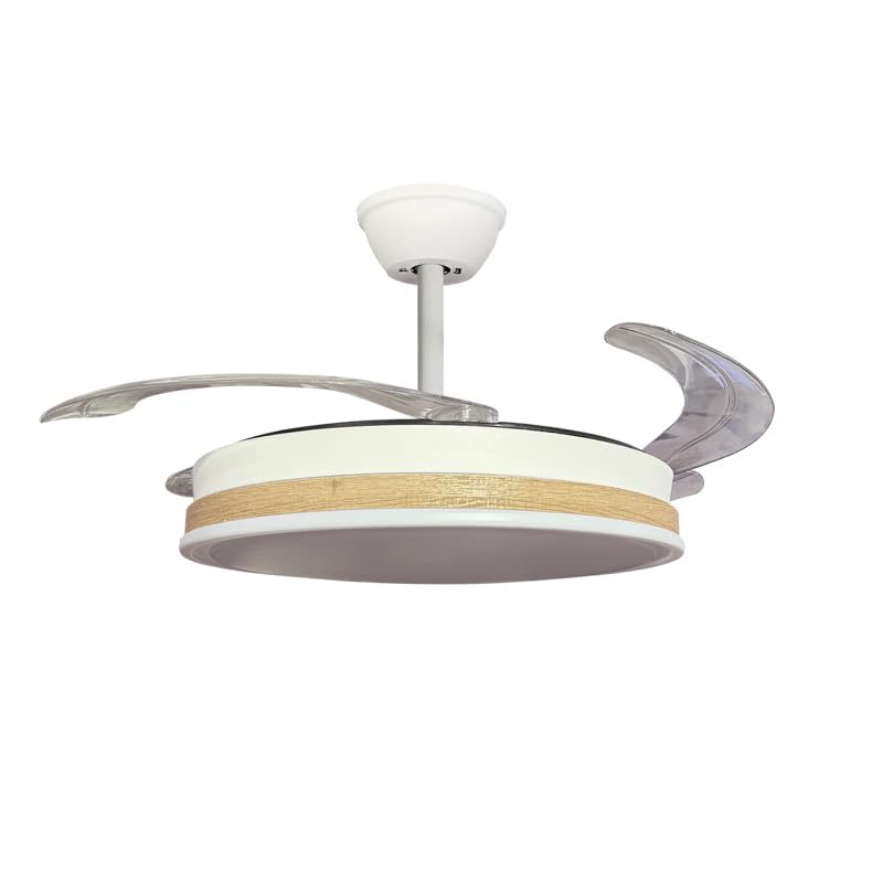 Genérico Ventilador de Techo Vera Madera clara con Aspas Rectráctiles y Luz, Ø108 cm, 3 Aspas, Motor DC 40W, 6 Velocidades, Temporizador hasta 4h, Función Invierno-Verano, Protección IP44 (Metal)