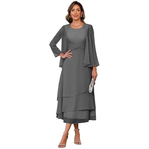 SEIM Pleated Chiffon 2 Pieces Tiered Classy Mother of The Bride Dresses Tea Length with Jacket Long Sleeve Tiered Short Mother of The Bride Dress Gray US10 Cover