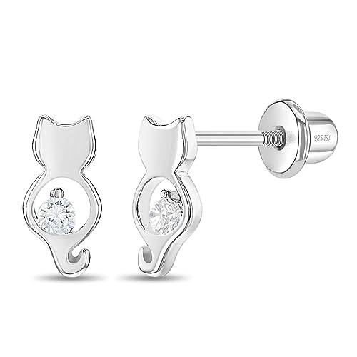 925 Sterling Silver Clear Cubic Zirconia Young Girls Kitten Screw Back Earrings - Kitty Cat Animal Lover Screw Backs for Young Girls, Toddler & Pre teens