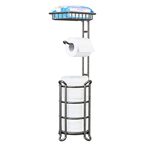 TreeLen Toilet Paper Holder Stand with Shelf Bath Tissue Stand Bathroom Tissue Roll Holder Dispenser Perfect for 4 Mega Rolls, Phone, Wipe, Small Bathroom, RV-Hammered Gray