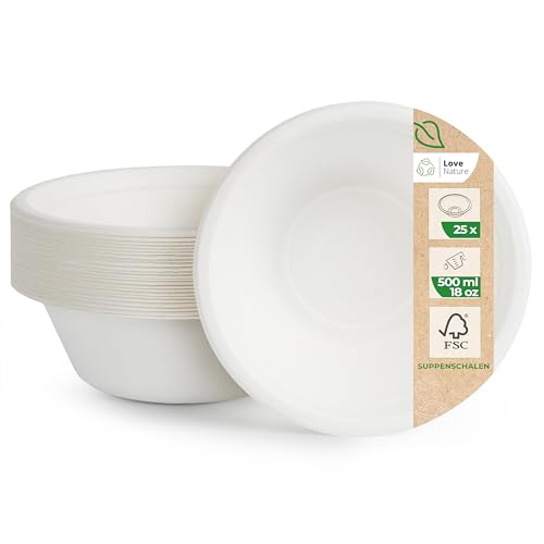 Love Nature Suppenschalen Einweg 500ml aus Zuckerrohr - 25 Stück Ökologische Suppenteller Einweg - Kompostierbar Einwegschalen für Party und Picknick