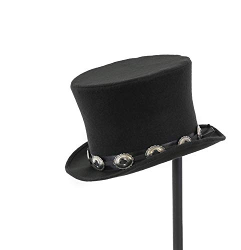 Wool Felt Top Hat Leather Small Oval Concho Band Topper Mid Crown Opera Rocker Mad Hatter Classic Hat Black