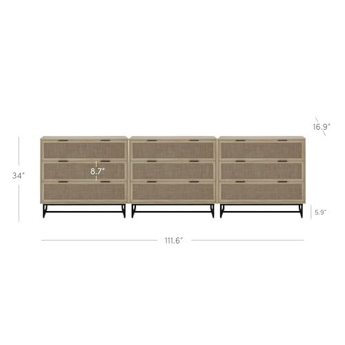 Image of Nathan James Kova 3-Drawer Rattan Dresser or Boheminan Living Room Storage Cabinet with Textiline Rattan Accent and Metal Legs, Light Oak /Black, Set of 3
