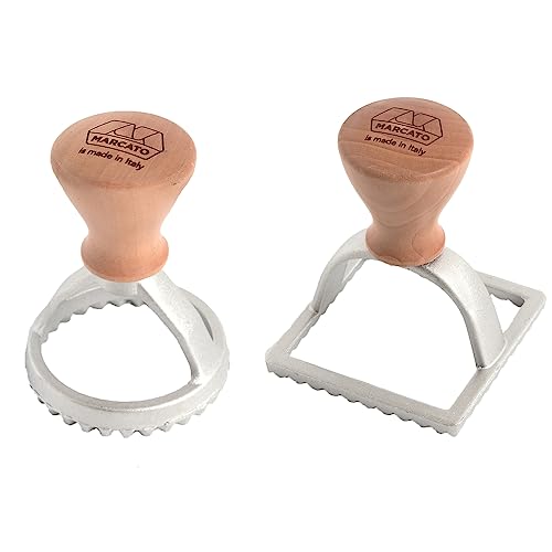 Marcato Ravioli and Cookie Cutter Kit, Ravioli Maker, Cookie Cutters, Solid Wood and Cast Aluminum, Made in Italy, 58 mm Round Stamp + 58 mm Square Stamp. Model: Raviolè