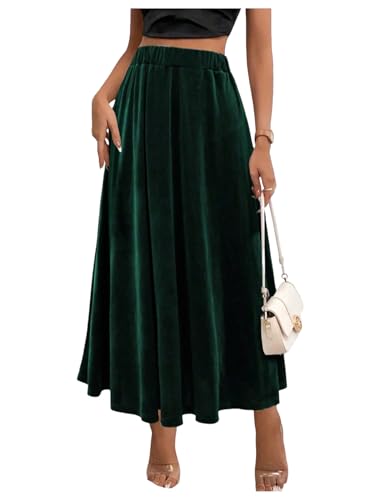 SOLY HUX Womens Elegant Velvet Skirts Elastic Waist Swing Flowy Party Cocktail Long Skirt Dark Green Medium