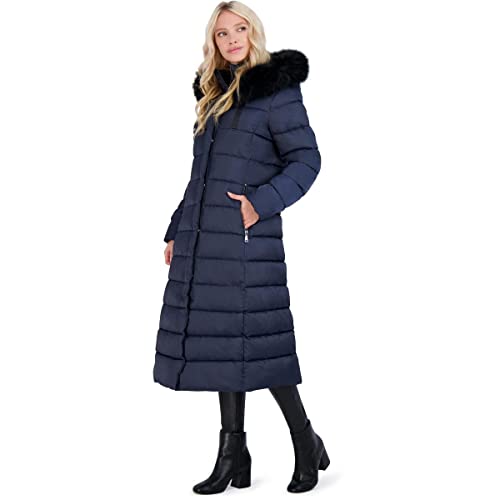 TAHARI Nellie Womens Removable Faux Fur Trim Long Down Coat Jacket Navy Size XL4