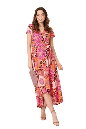 Izabel London Floral Short Sleeve Tie Waist Midi Dress for Women UK with a v-Neck and a Curved midi-Length Hem.