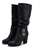 Ermonn Womens Slouchy Knee High Boots Stacked Mid Heel Ankle Strap Metal Buckle Side-Zip Shoes