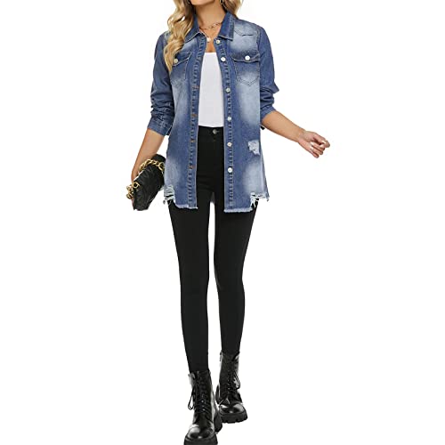 Scofeel Jean Jacket Women Casual Distressed Denim Jacket Long Sleeve Ripped Jean Jacket Coat #TOP5