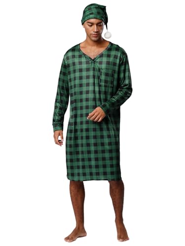 Mens Soft Loose Plaid Pajamas V Neck Nightshirt Sleepshirts with Sleeping Cap Pajama Set2