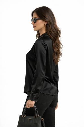 Image of Cuban Collar Cuffed Sleeves Formal Satin Shirt Style Top