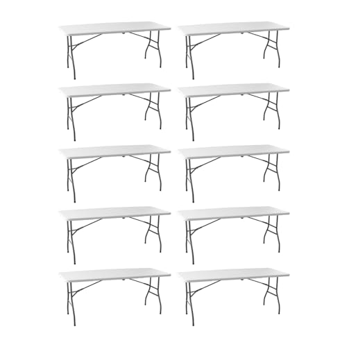 Pack 10 Mesas Plegables 180 cm Catering - Resina HDPE Blanca Alta Densidad - Estructura Acero Reforzado - Patas Plegables Tipo Maleta - Ideal Camping Jardín Eventos Fiestas - Interior y Exterior