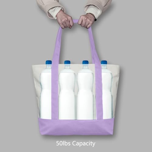 Image of TOPDesign 1-Pack Canvas Tote Bag with an External Pocket, Reusable Grocery Shopping Bag, Top Zipper Closure, Daily Essentials (Lavender /Natural)