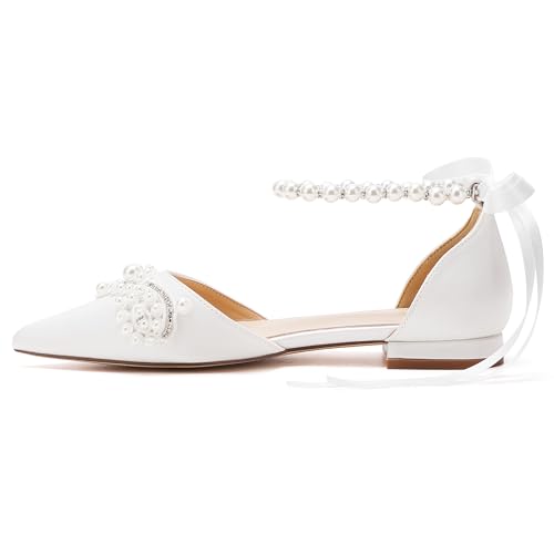 Hyinlays Women's Pearl Wedding Shoes for Bride Flat Pump Shoes Pointed Toe Bridal Flats Prom Party Dress Shoes3